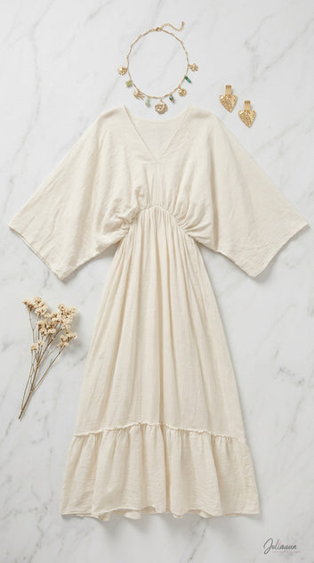 Louane - Robe tunique longue écru en coton taille élastique