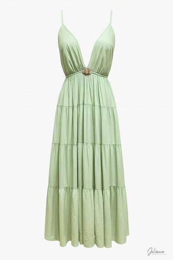 Soléa – 🌞 Robe longue vert amande en coton à fines bretelles broche soleil