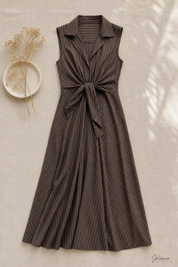 Soria - Robe longue marron rayée sans manches à nouer en coton
