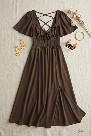 Téora - Robe longue marron manches évasées dos lacé