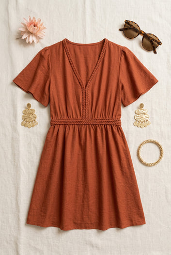 Terralya – Robe terracotta fluide col V bohème chic