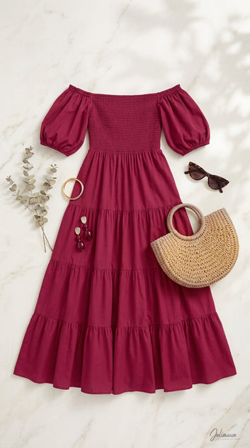 Céra - Robe longue bustier smockée manches bouffantes bordeaux