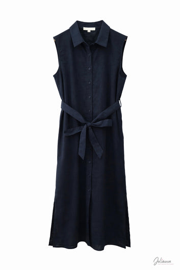 Fallone - Robe chemise longue bleu marine sans manches ceinture à nouer