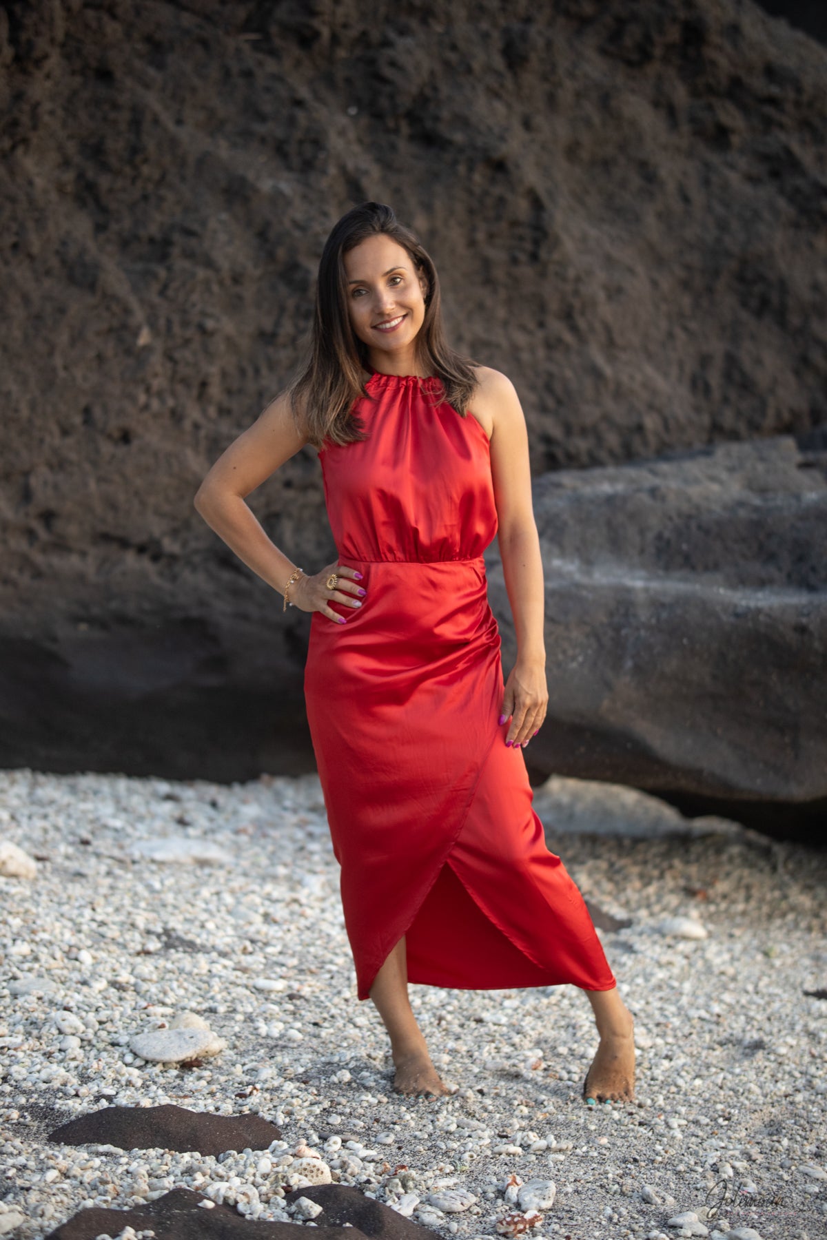 Katerine - Robe longue rouge emmanchure américaine