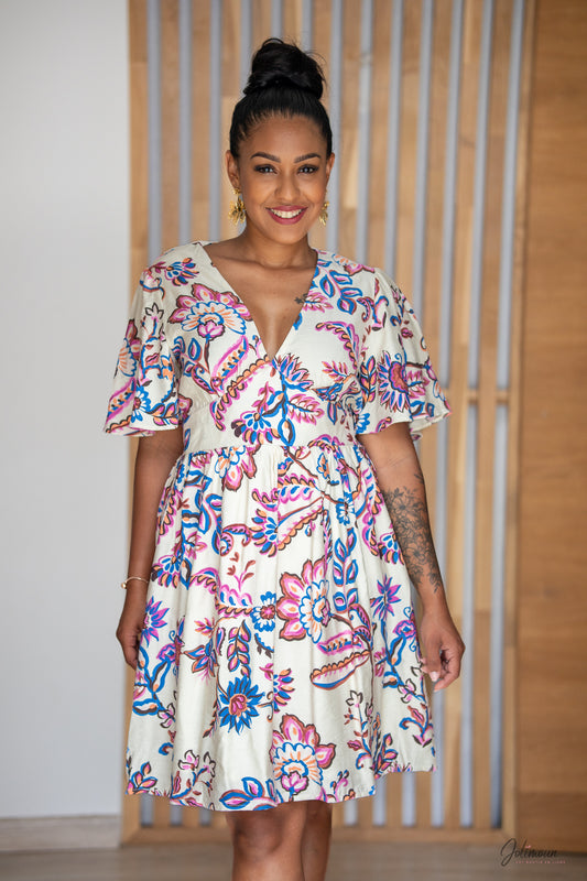 Tina - Robe courte à motifs floraux manches papillon