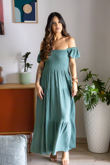 Sadia - Robe longue en gaz de coton smockée céladon