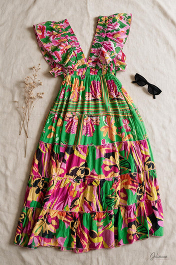 Hilary - Robe longue rose et vert  imprimée décolleté en V froncé manches volantées