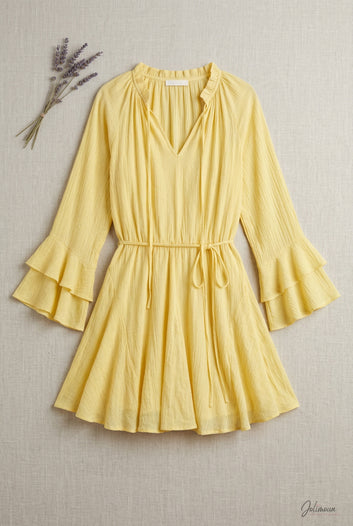 Méline - Robe courte jaune manches volantées Bohème