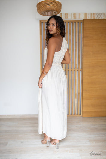 Kalypso - Robe longue écru asymétrique ceinture tressée