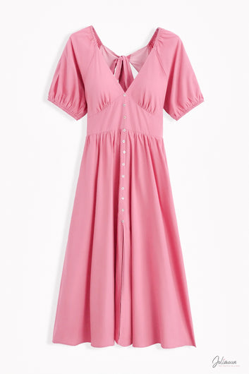 Rosita - Robe midi rose boutonnée dos noué