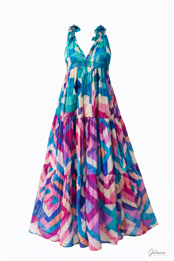 Luma - Robe longue multicolore imprimé géométrique décolleté V