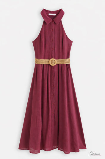 Prune - Robe mi-longue bordeaux encolure américaine ceinture tressée