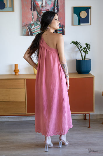 Rosa - Robe rose framboise  asymétrique nœud épaule gaze de coton