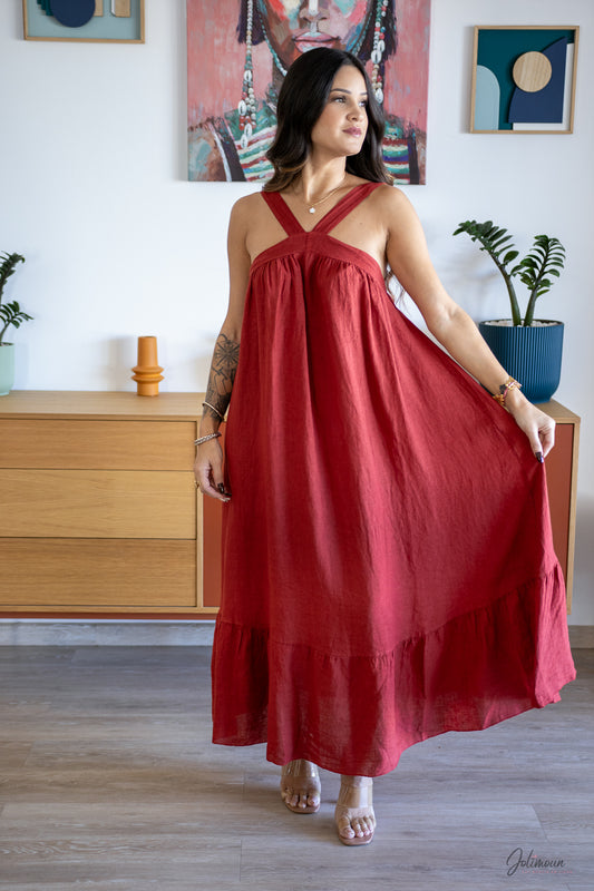 Naïa – Robe longue rouge 100 % lin bretelles croisées dos nu