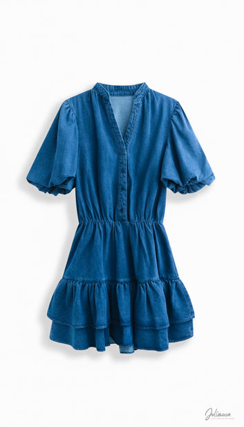 Kelly - Robe courte en denim bleu manches bouffantes taille marquée