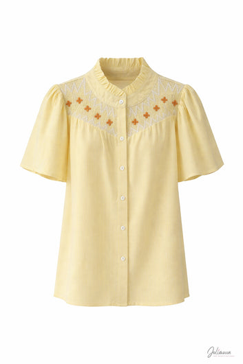 JOY - Top jaune pâle brodé manches volantées smock élastiqué