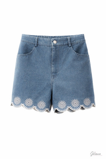Stella - Short bleu clair brodé festonné taille élastiquée