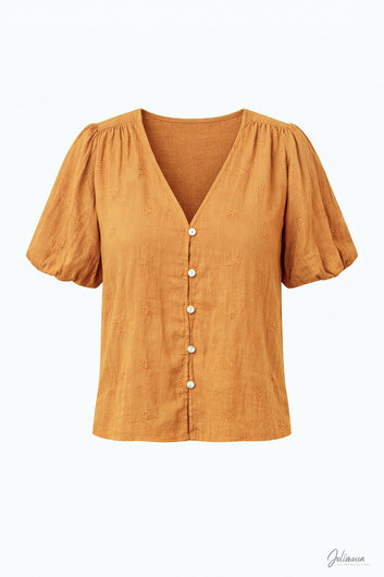 Alix - Top camel broderie fleurs col V manches ballons boutonné
