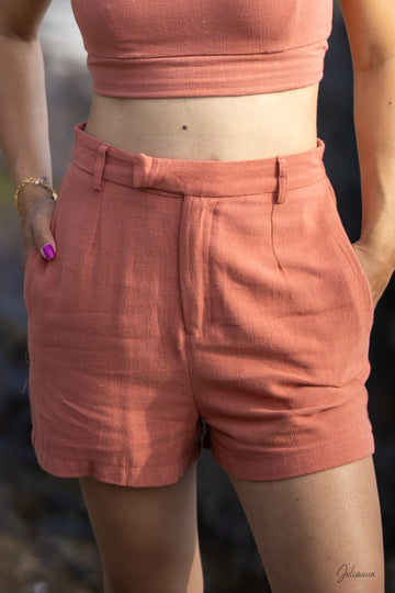 Mégane - Short taille haute terracotta en lin mélangé