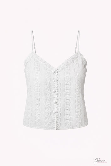 Catherine - Top blanc en dentelle fines bretelles boutons décoratifs