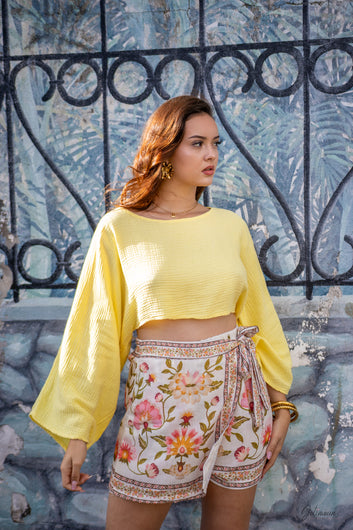 Jolina -Top jaune pastel en gaze de coton manches oversize