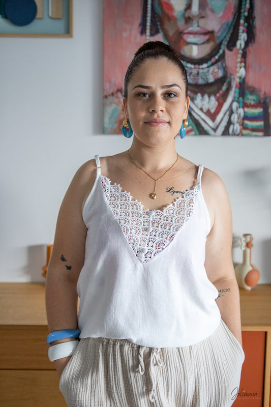 Marie – Débardeur réversible brodé en lin mélangé blanc