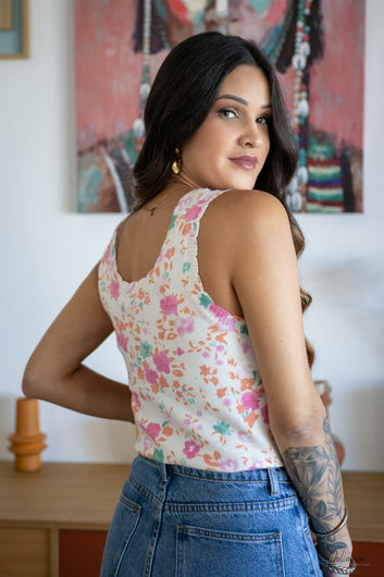 Soline – Top blanc imprimé floral en maille douce