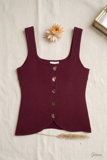 Victoria - Top Maille Bordeaux boutons bijoux dorés