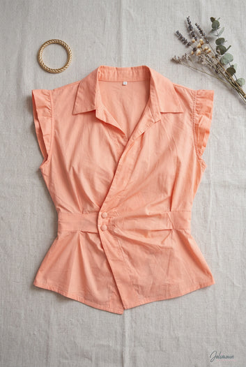 Cyrielle - Top corail col chemise drapé croisé