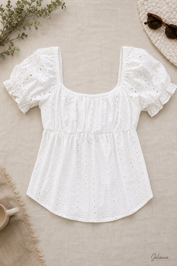 Leya - Top blanc en broderie anglaise à manches bouffantes