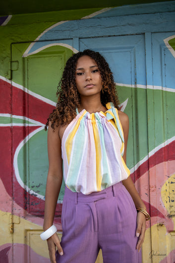 Maélina – Top multicolore rayures pastel col froncé coupe fluide