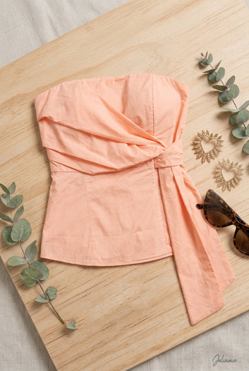 Tess - Top bustier pêche drapé nœud couture