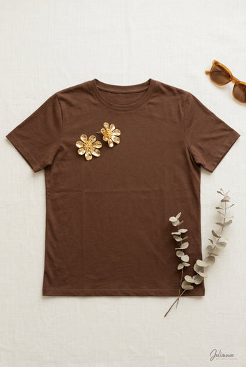 Cassidy - T-shirt simple marron chocolat avec manche en coton