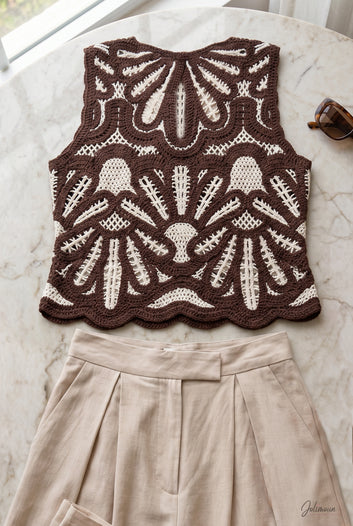 Julianna - Top Crochet Marron écru motifs géométriques