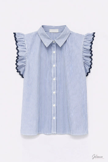 Marine - Top rayé bleu sans manches col chemise volants contrastés