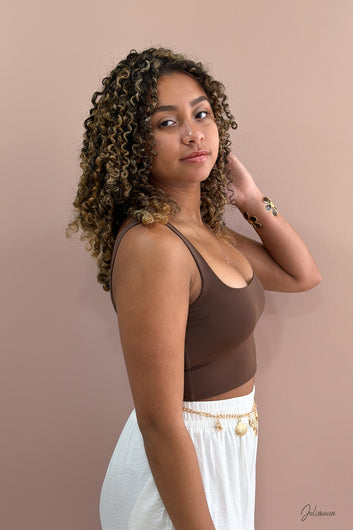 Sienna - Top court marron col carré en jersey extensible