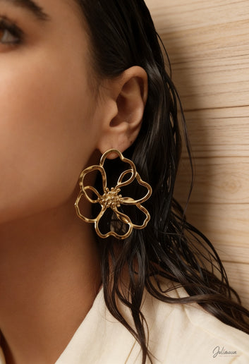 Nohéa - Maxi boucles d’oreilles fleur ajourée dorée en acier inoxydable