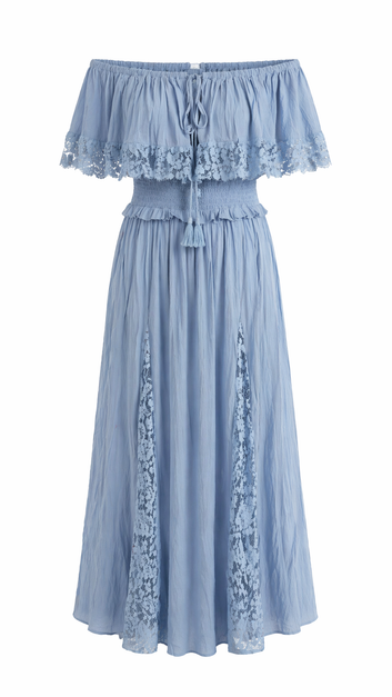 Esméralda - Robe longue bleu épaules dénudées dentelle ajourée