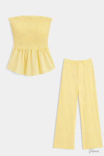 Maria - Ensemble top bustier smocké et pantalon jaune