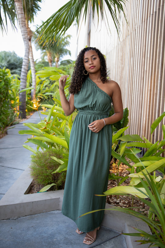 Kalypso - Robe longue kaki asymétrique ceinture tressée