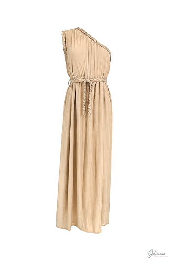 Kalypso - Robe longue beige asymétrique ceinture tressée