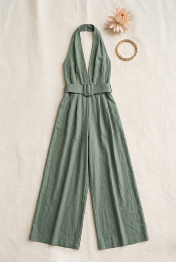 Eloria - Combinaison pantalon dos nu fluide kaki avec ceinture