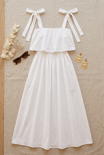 Margot - Robe longue blanche bretelles nouées volant poitrine