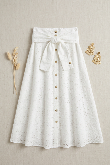 Calyséa - Jupe midi broderie anglaise ceinture à nouer