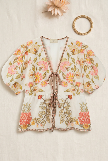Ysélia – Blouse écrue imprimé floral et ananas manches bouffantes