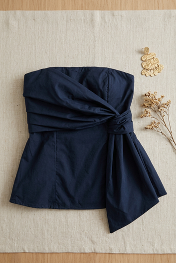 Tess - Top bustier bleu marine drapé nœud couture