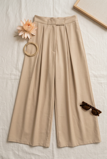 Héline - Pantalon Beige coup ample taille haute fermeture par scratch
