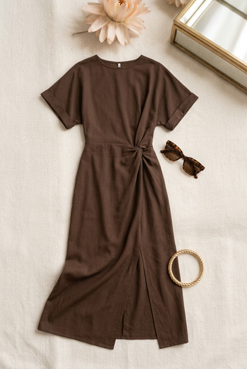 Maé - Robe longue chocolat façon sweat nouée en coton