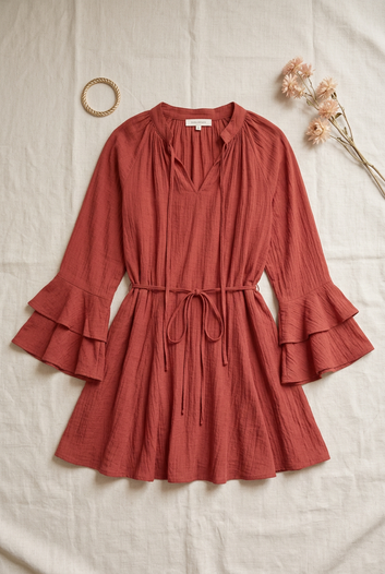 Méline - Robe courte terracotta manches volantées Bohème