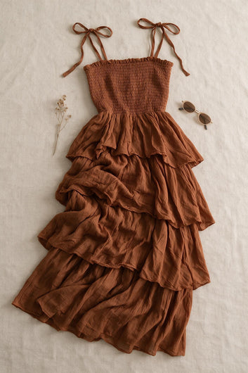Sarah - Robe longue choco smockée à volants en coton